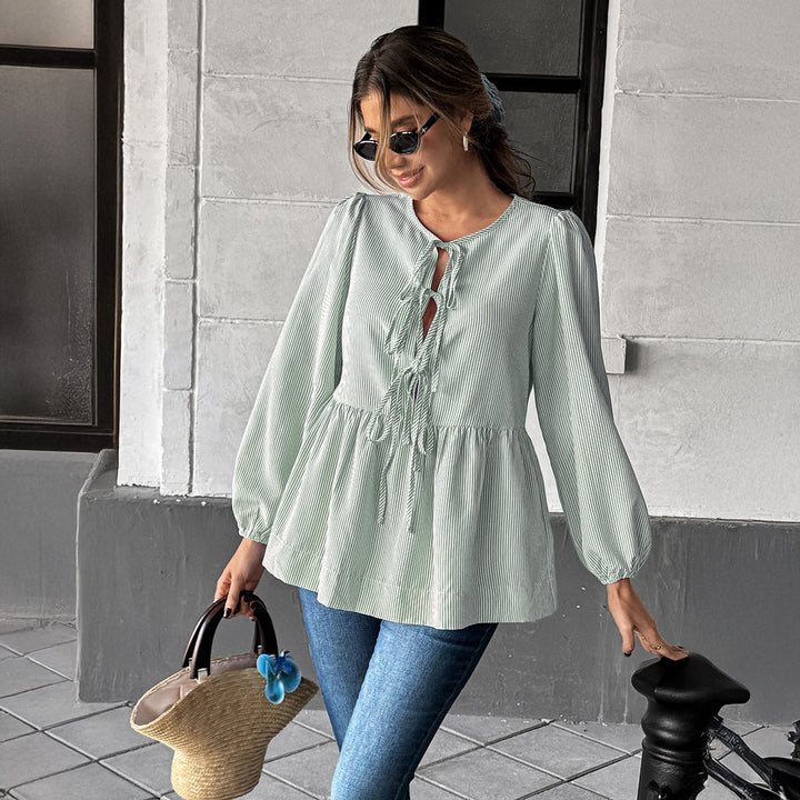Women’s Long Sleeve Striped Shirt with Front Knot and Lantern Sleeves