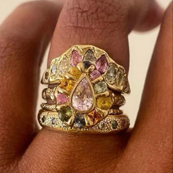 Cocktail Colorful Stones Forged Gold Ring - Elena Harper