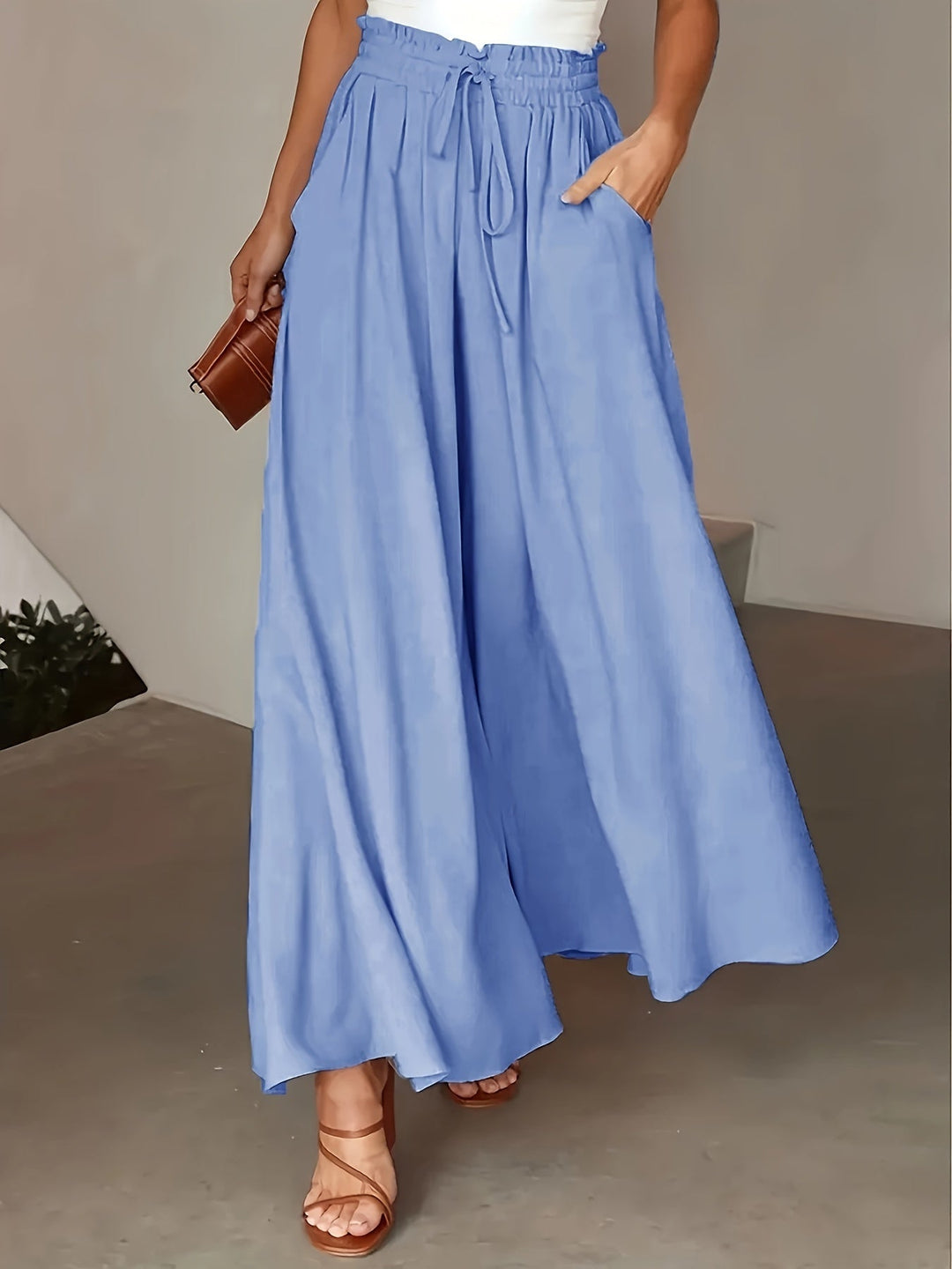 Women's Wide Leg Trousers Elegant Solid Color, Smooth Woven Polyester Fabric Casual Chic All Seasons Micro-Elastic Waist Long and Loose Fit - Elena Harper