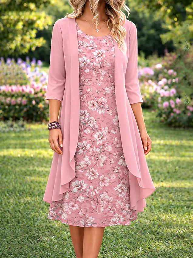 Women's Floral Dress Set with Matching Lightweight Cardigan