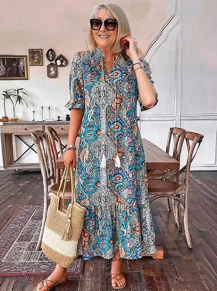 Carolette Boho Drawstring Neck Maxi Dress - Elena Harper