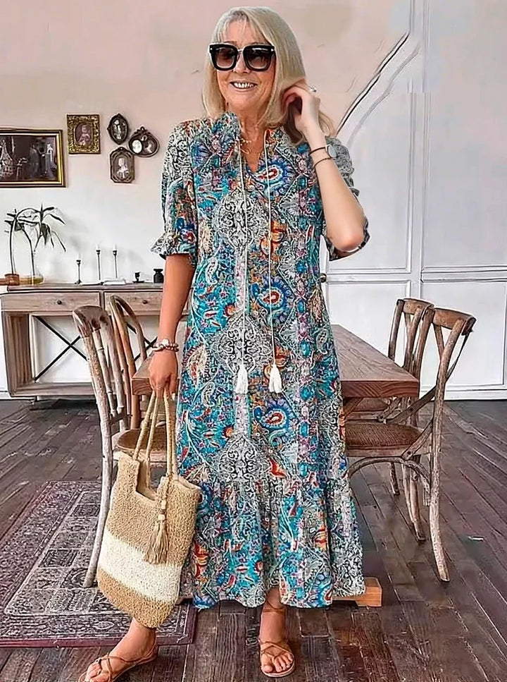 Carolette Boho Drawstring Neck Maxi Dress - Elena Harper