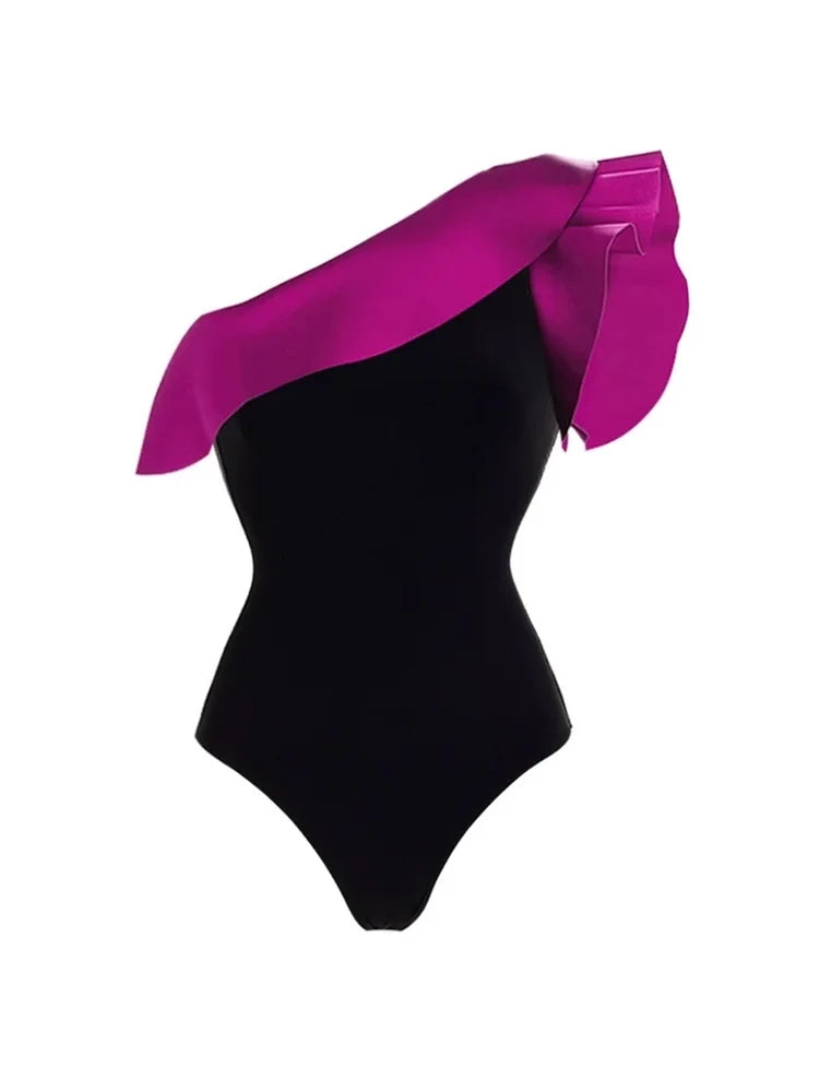 Ruffle Colorblock Retro One Piece Swimsuit