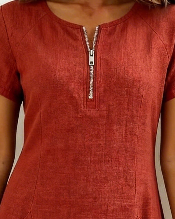 Krystan Short Sleeve Utility Dress with Front Zipper, view 8 - Elena Harper