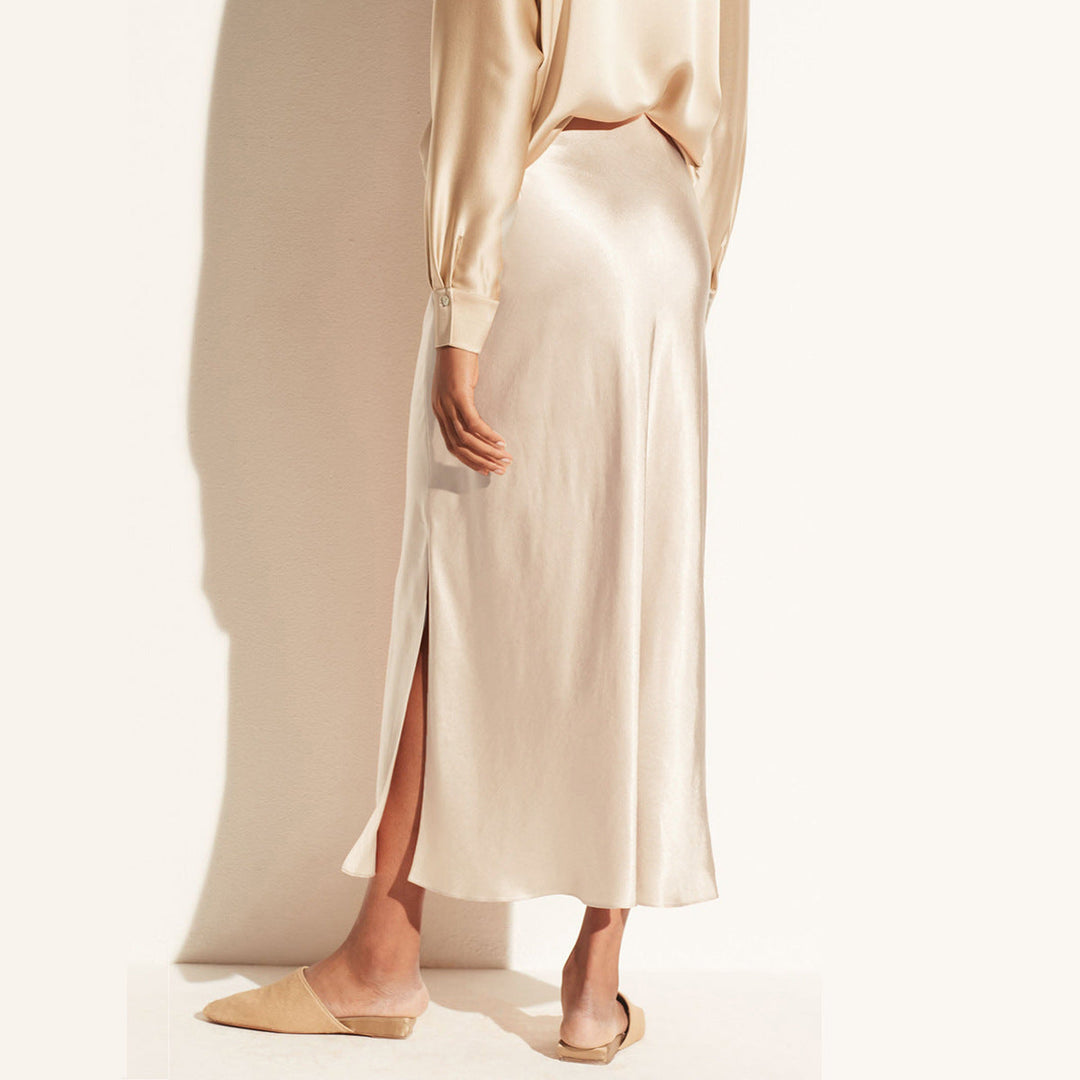 High-Waisted Midi Skirt with Asymmetrical Slit and Elastic