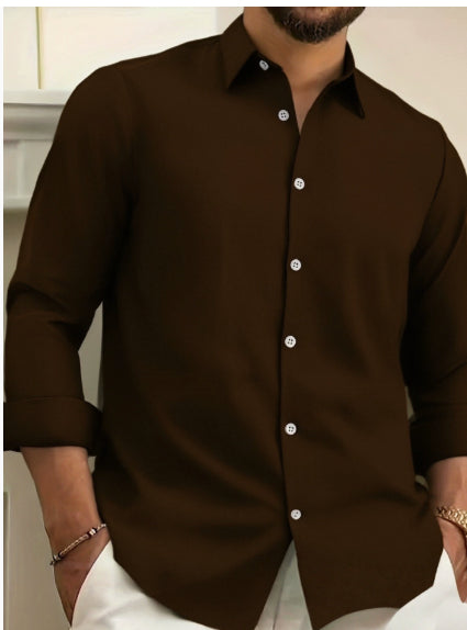 Men's Casual Long Sleeve Shirt in Cotton Blend and Linen Blend – Solid Color