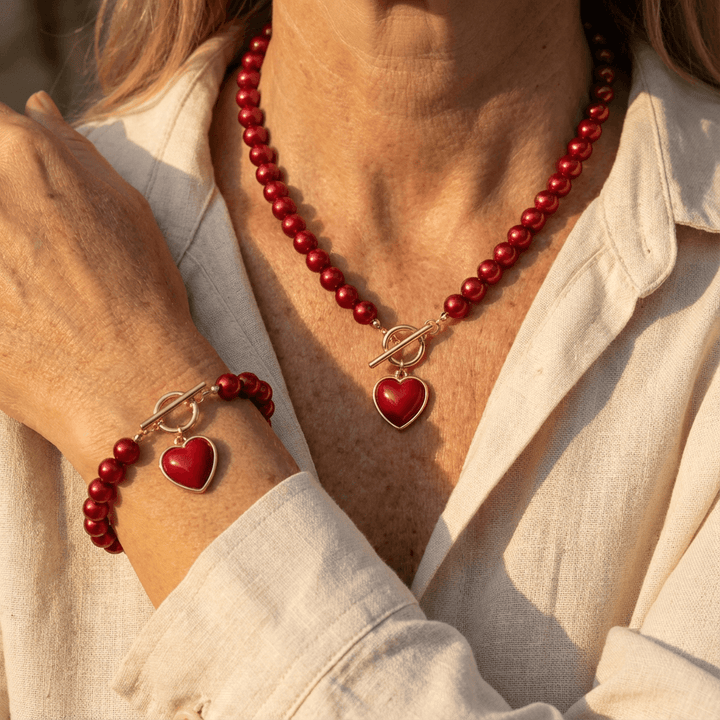 Elegant Acrylic Red Heart Necklace & Bracelet Set