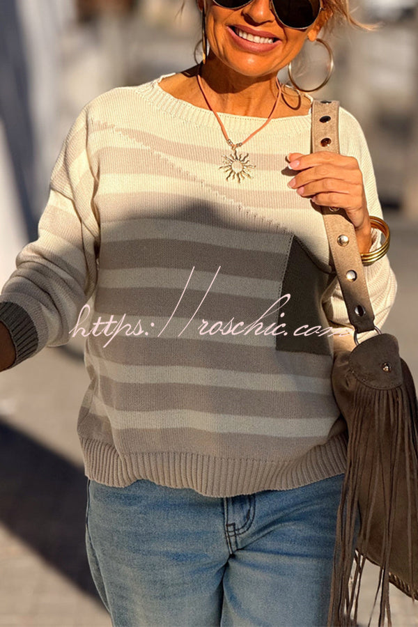 Xander Knit Color-block Stripes Wide Neck Long Sleeve Pocket Relaxed Sweater