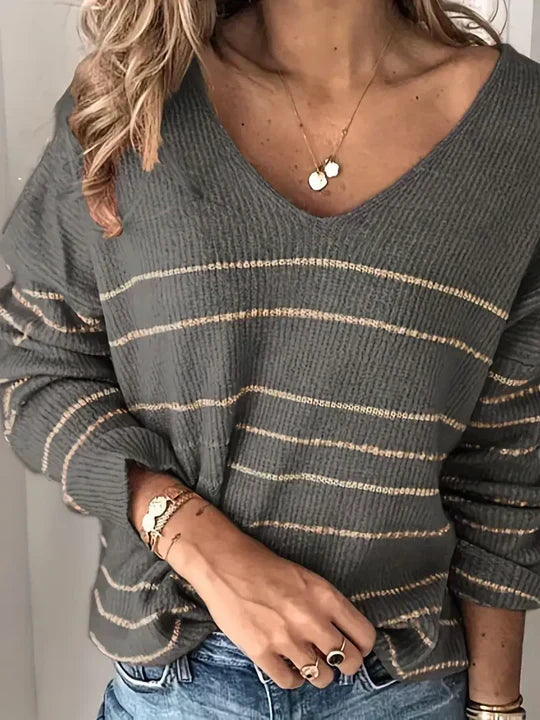 Aira Striped V-Neck Sweater for Elegant Women - Elena Harper