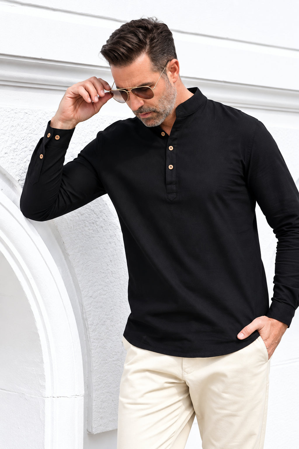 ELENA HARPER™  |  MEN'S HIGH COLLAR SHIRT WITH HALF BUTTON PLACKET