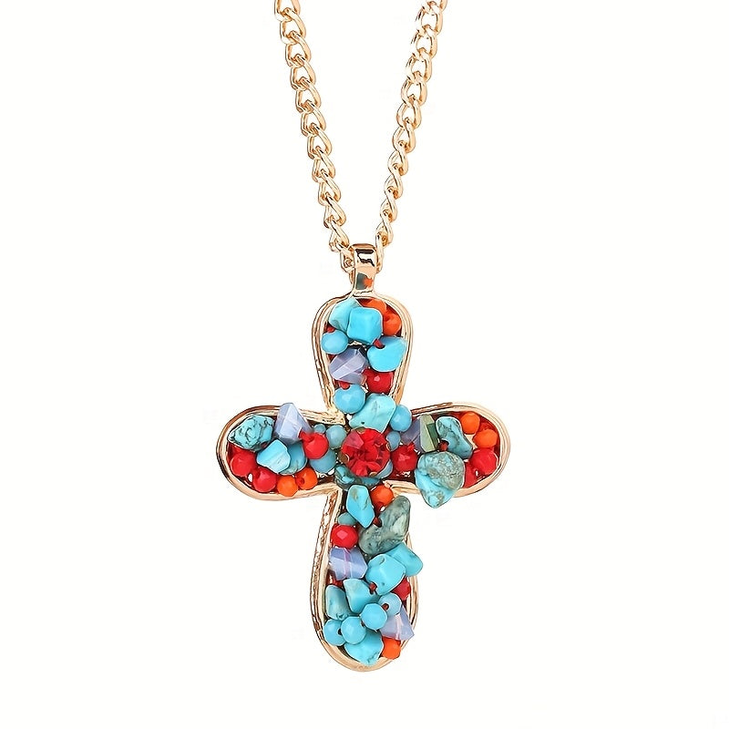 Bohemian Vibrant Colorful Turquoise Cross Pendant Necklace - Elena Harper