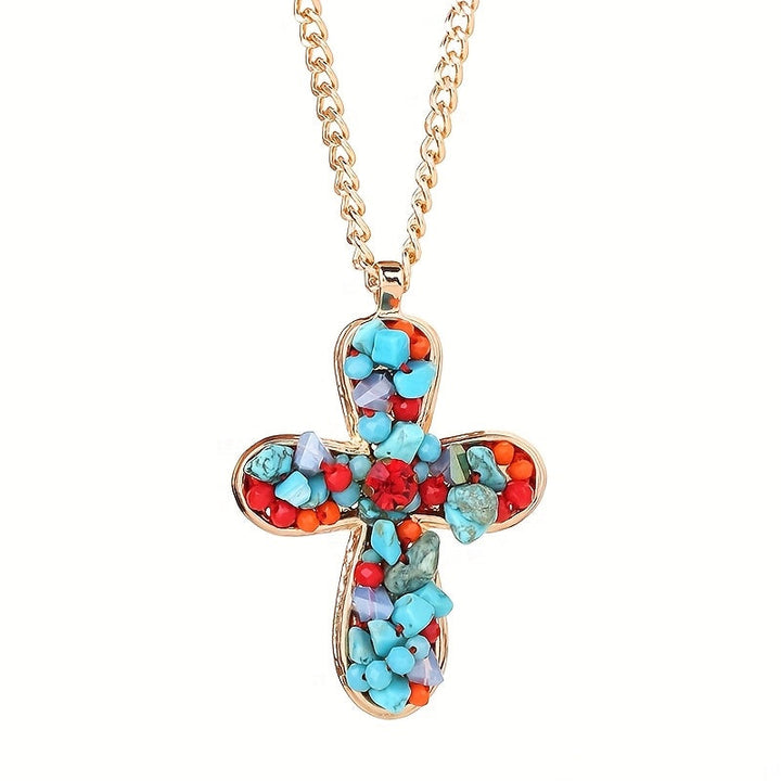 Bohemian Vibrant Colorful Turquoise Cross Pendant Necklace - Elena Harper