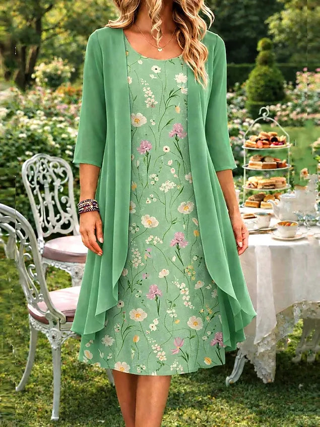 Women's Floral Dress Set with Matching Lightweight Cardigan
