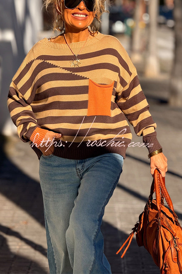 Xander Knit Color-block Stripes Wide Neck Long Sleeve Pocket Relaxed Sweater