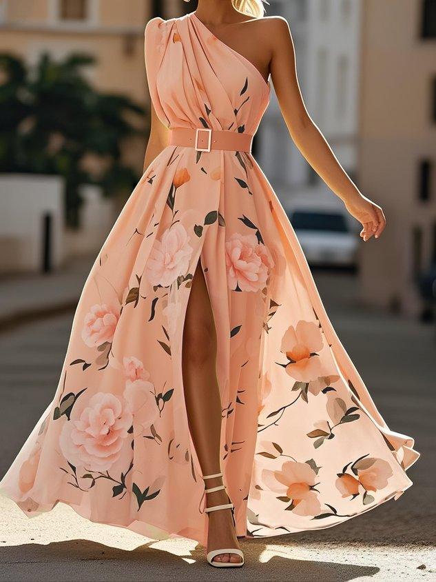 Julie Light Green Floral Chiffon One-Shoulder Maxi Dress - Elena Harper