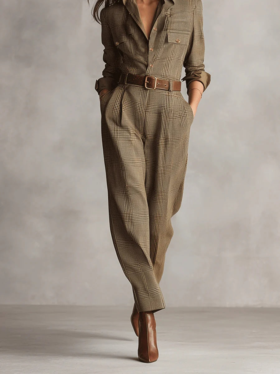 Alessia Brown Tweed Utility Jumpsuit with Refined Pattern - Elena Harper