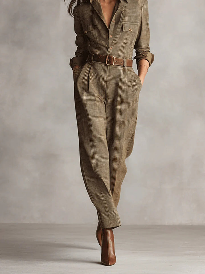 Alessia Brown Tweed Utility Jumpsuit with Refined Pattern - Elena Harper