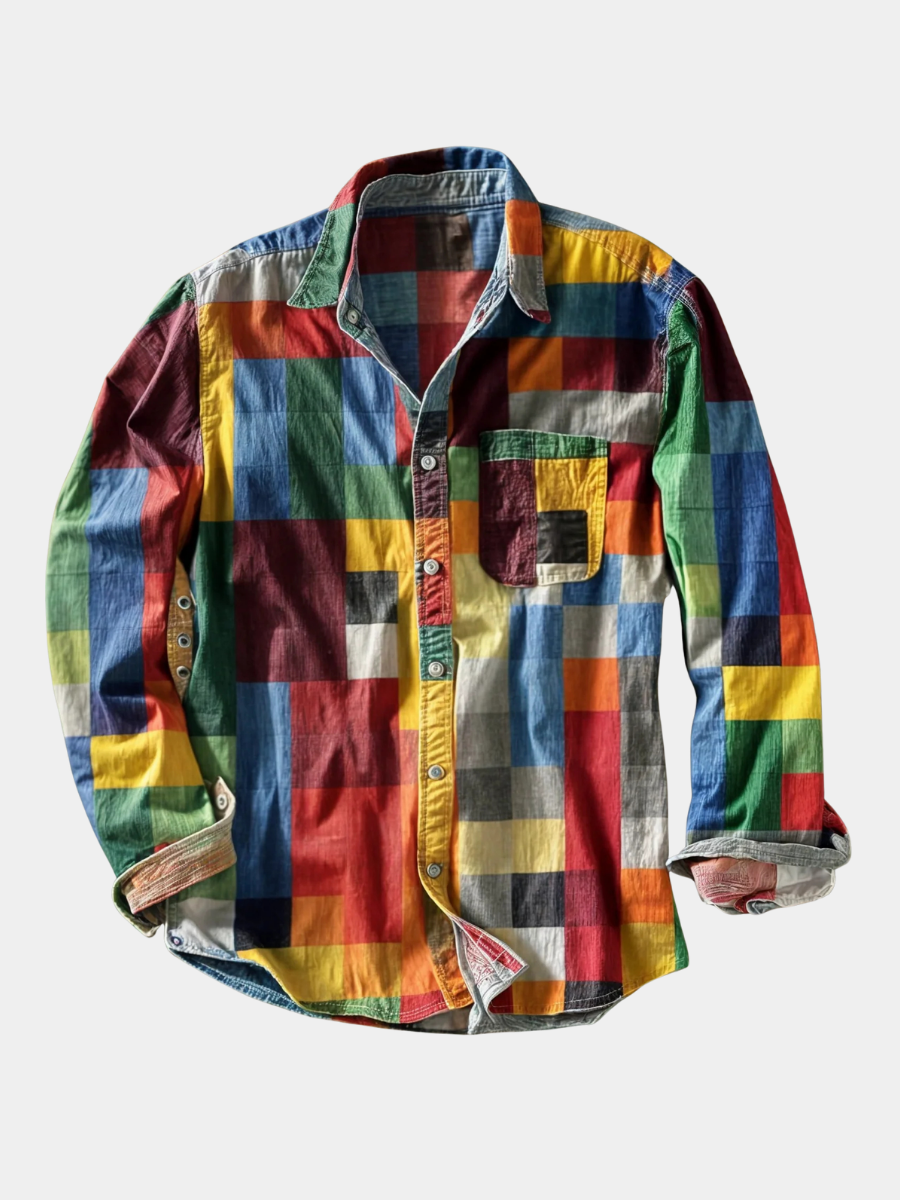 Men's Colorblock Patchwork Long Sleeve Shirt - Elena Harper