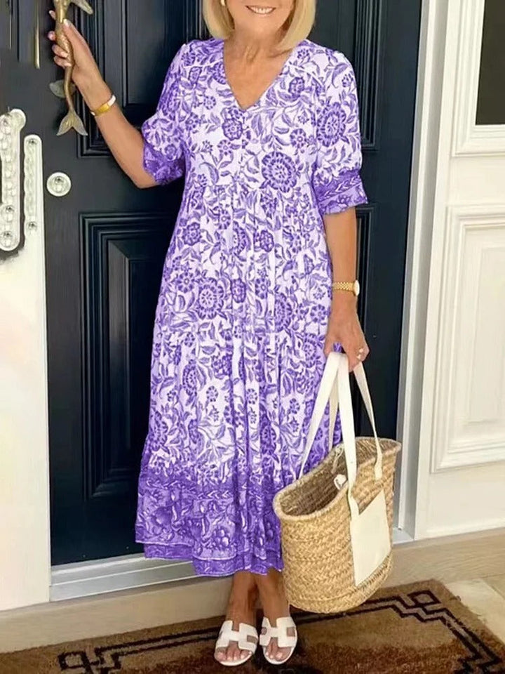 Lilara Boho Deep V Neck Floral Dress - Elena Harper