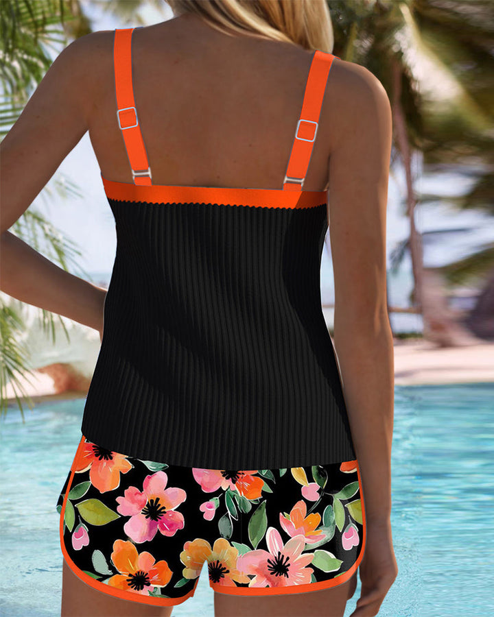 Women's Two-Piece Ribbed Tankini Top with Floral Contrast Trim Shorts, view 7 - Elena Harper