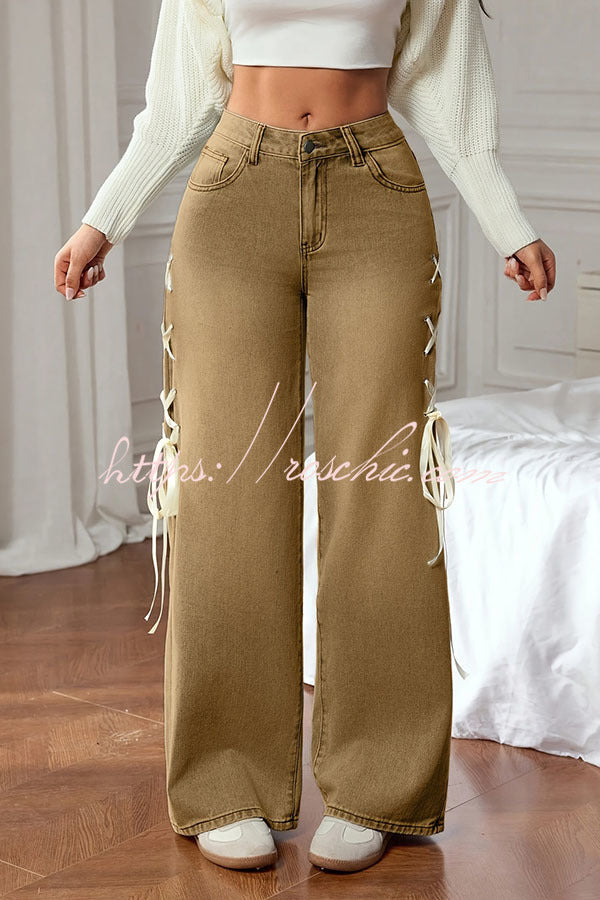 Fashionable Denim Mid Rise Side Ribbon Lace-up Pocket Wide Leg Jeans, view 8 - Elena Harper