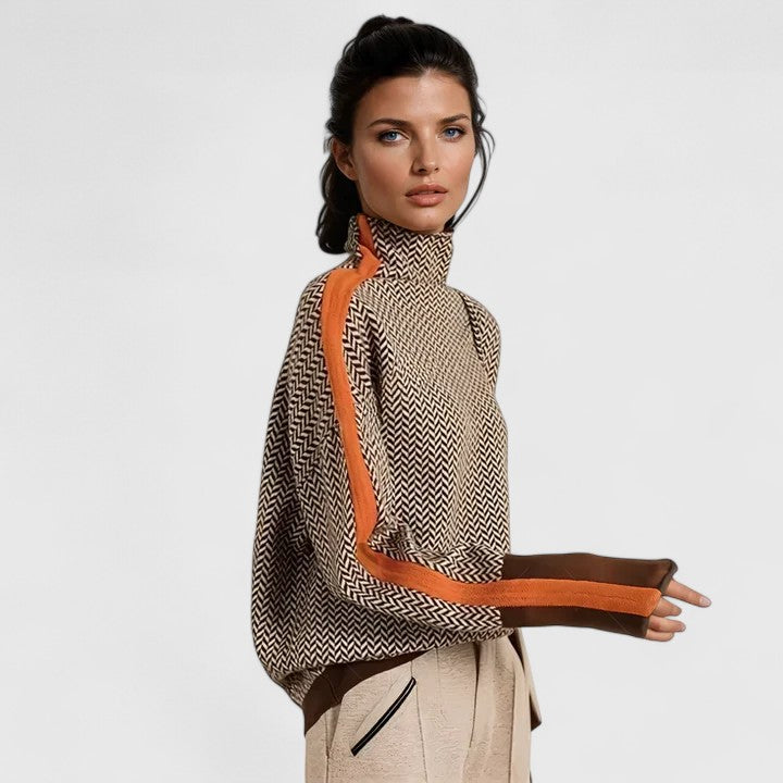 Women's Jacquard Roll Neck Sweater with Contrasting Sleeves