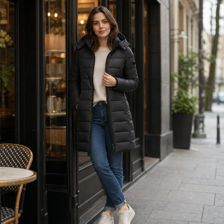 Mia | Elegant Mid-Length Puffer Jacket with Hood and Insulating Quilting