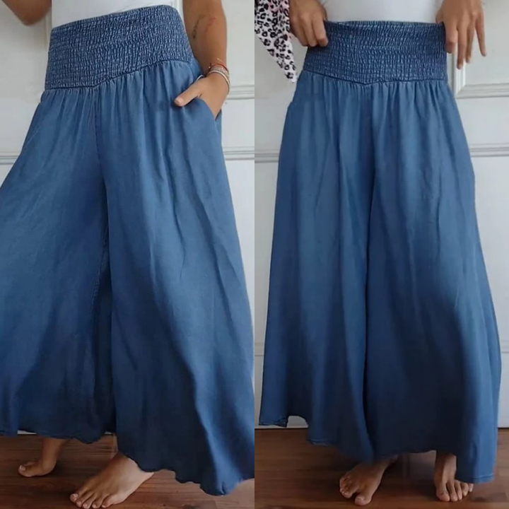 Women's Wide-Leg High-Waist Smocked Denim Trousers