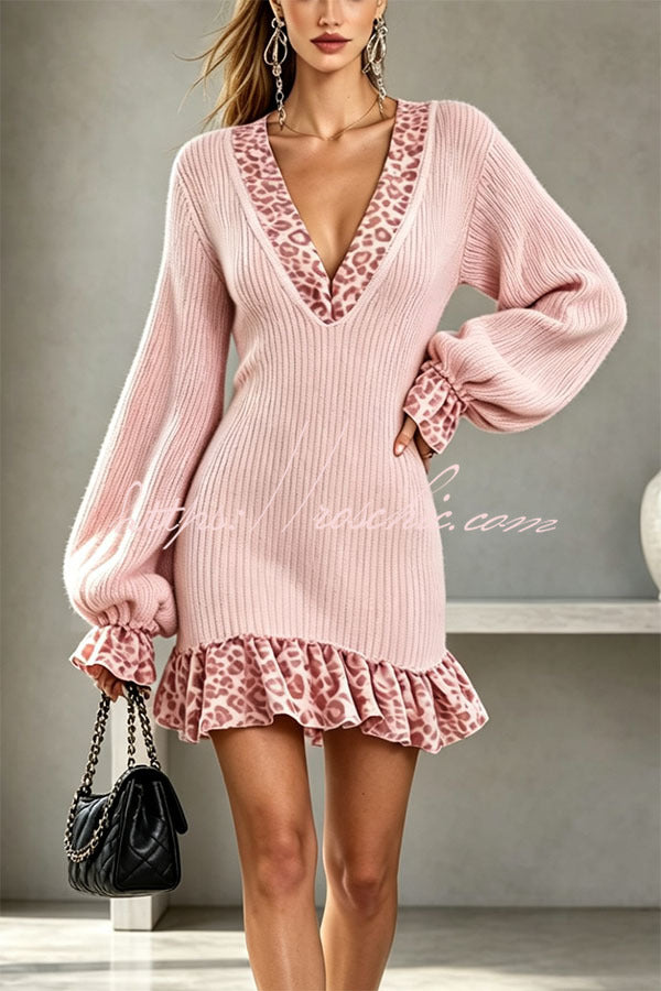 Ribbed Knit Leopard Print Panelled V-neck Lantern Sleeve and Ruffles Mini Dress
