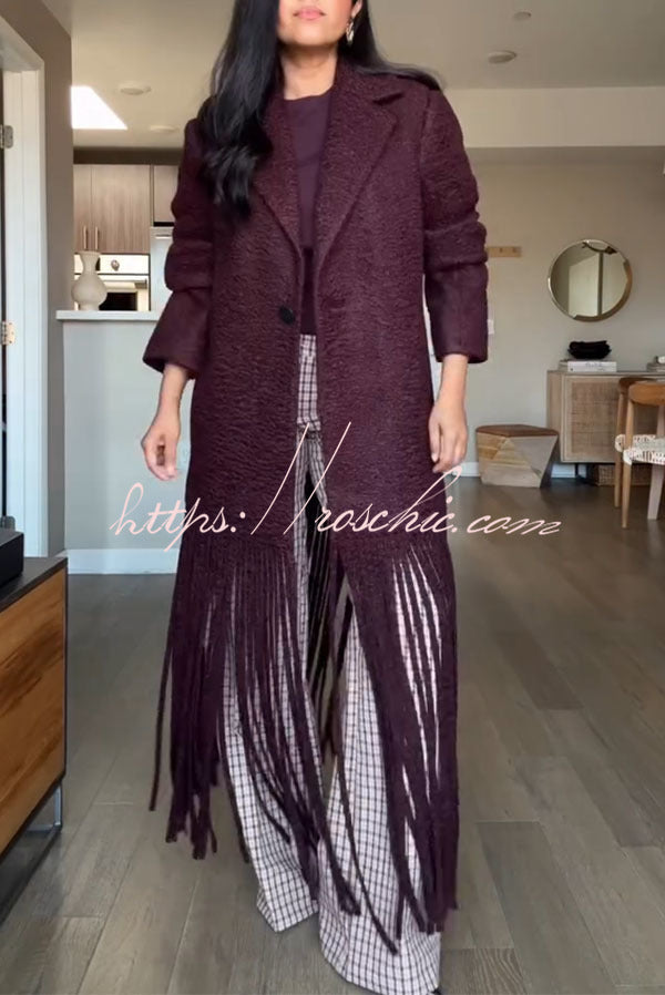 Street Style Wool Blend Long Sleeve Pocket Tassel Trim Lapel Midi Coat