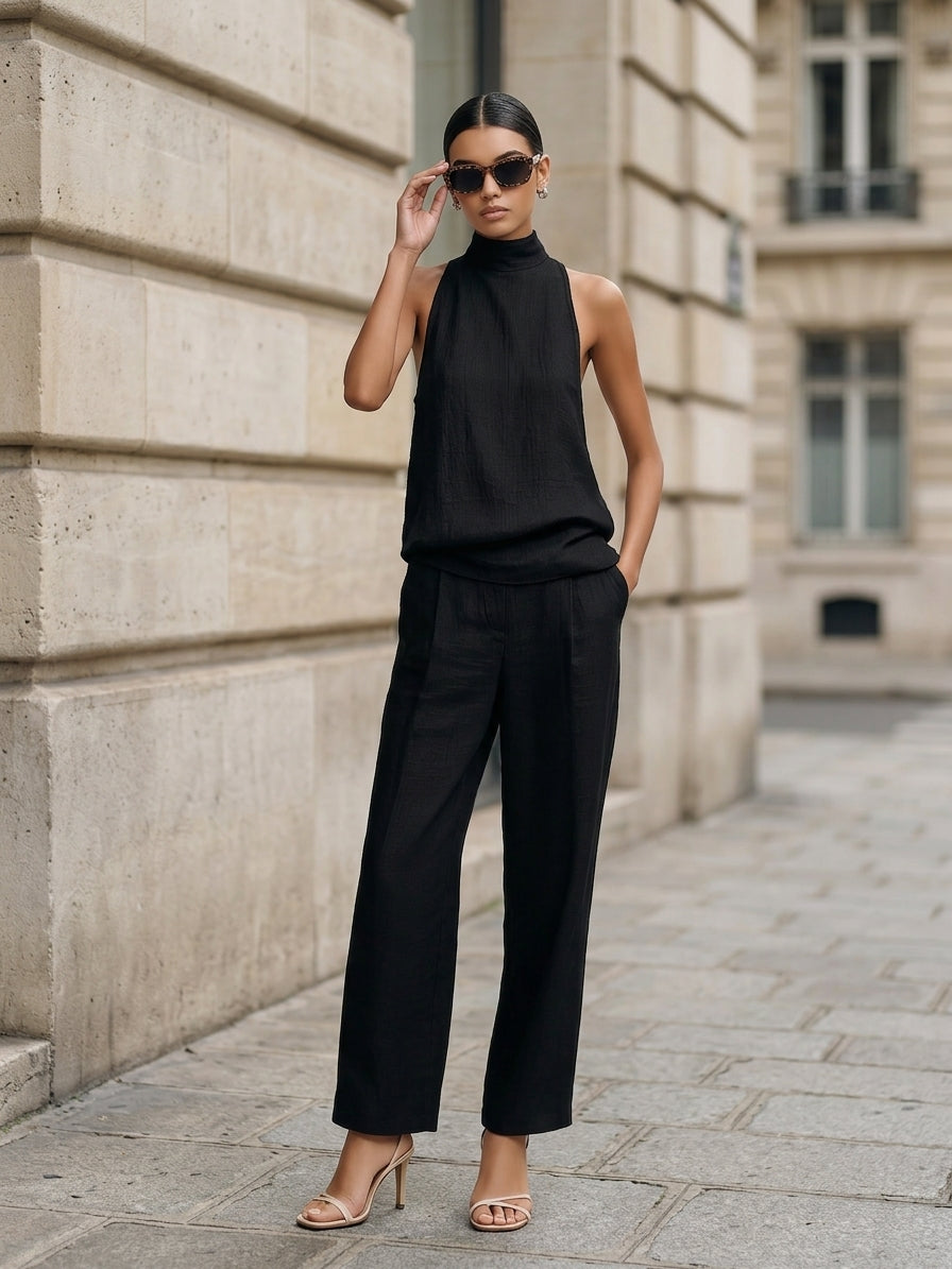 Women's Elegant Black Cotton And Linen Round-neck Sleeveless Top And Trousers Set, view 3 - Elena Harper