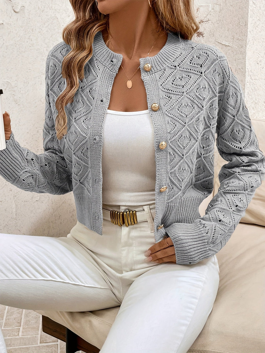 Women's Buttoned Openwork Cardigan - Elegant and Lightweight