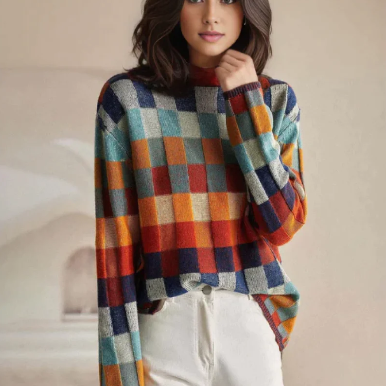 Aldona Women's Colorful Knit Sweater with Turtleneck, view 2 - Elena Harper