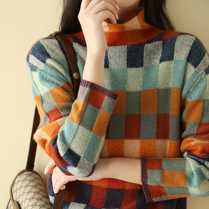 Aldona Women's Colorful Knit Sweater with Turtleneck, view 3 - Elena Harper