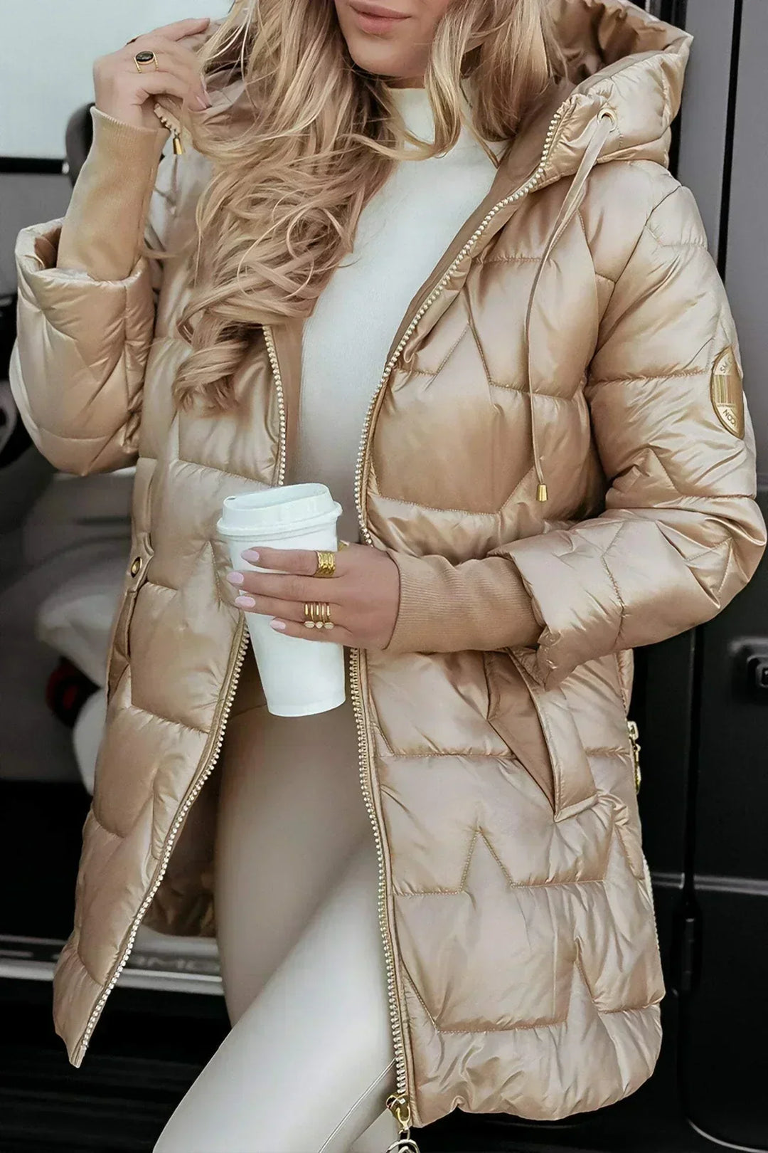 Aldvika Women's Long Quilted Jacket with Hood, view 3 - Elena Harper