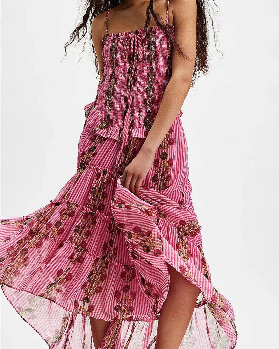 Women's Midi Dress with Floral Print and Adjustable Straps – Elegant Summer