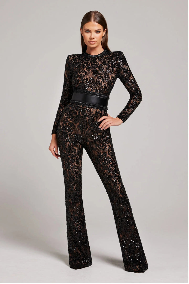 Glamorous Black Sequin Jumpsuit with Belted Waist