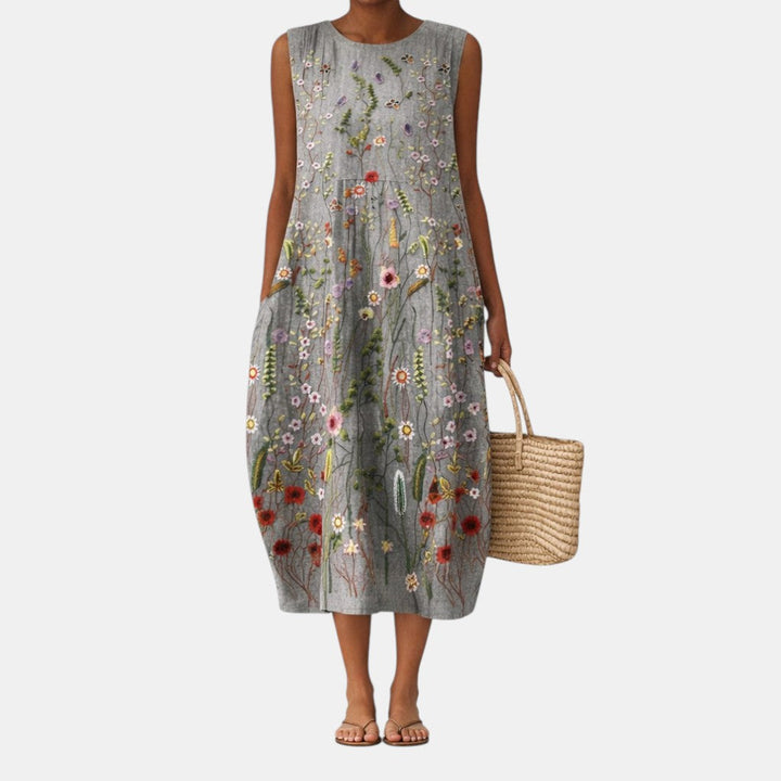 Sleeveless Floral Midi Dress for Women with Flowing Cut