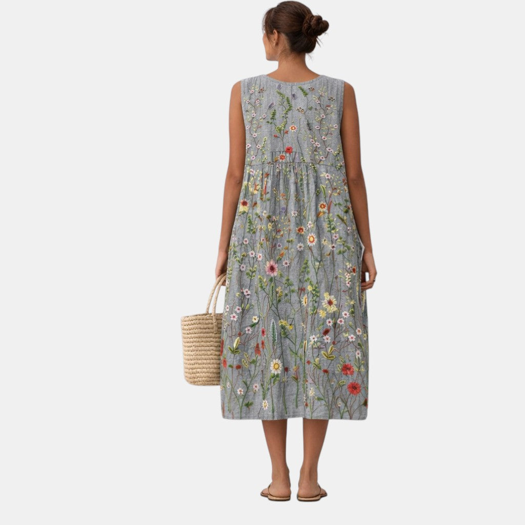 Sleeveless Floral Midi Dress for Women with Flowing Cut