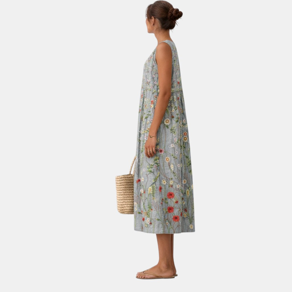 Sleeveless Floral Midi Dress for Women with Flowing Cut