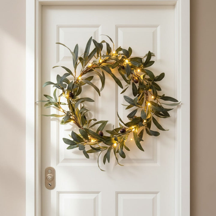 Artificial Olive Leaf Door Wreath with Warm Fairy Lights