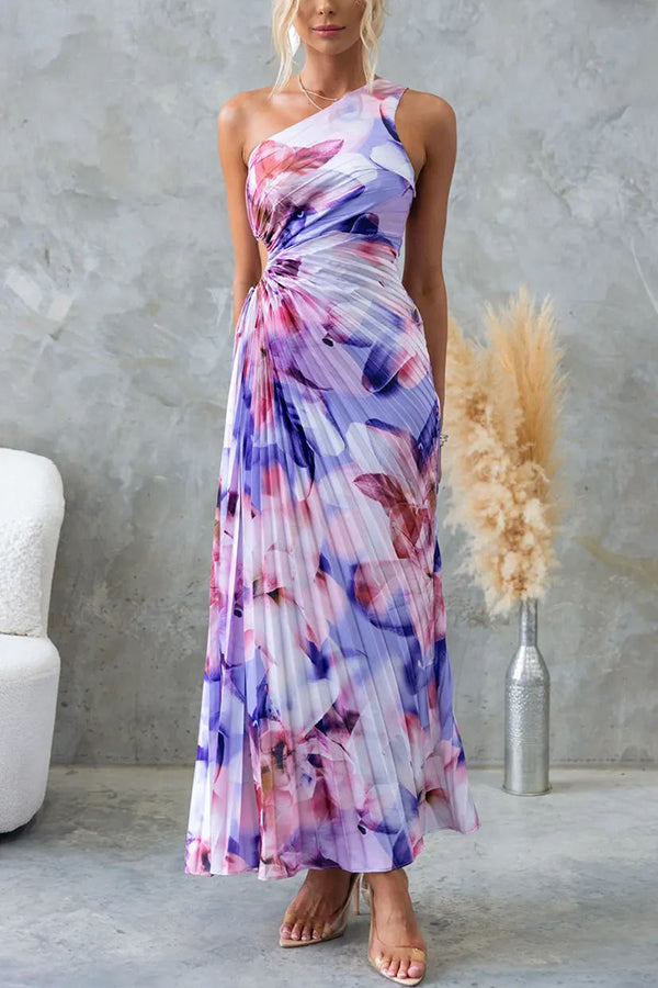 Deja Floral Pattern One-Shoulder Pleated Maxi Dress - Elena Harper