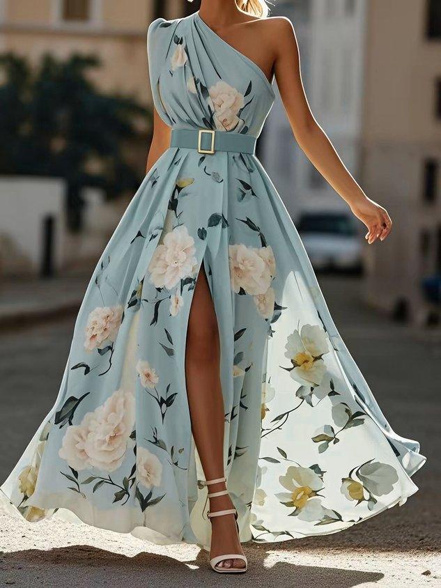 Julie Light Green Floral Chiffon One-Shoulder Maxi Dress - Elena Harper