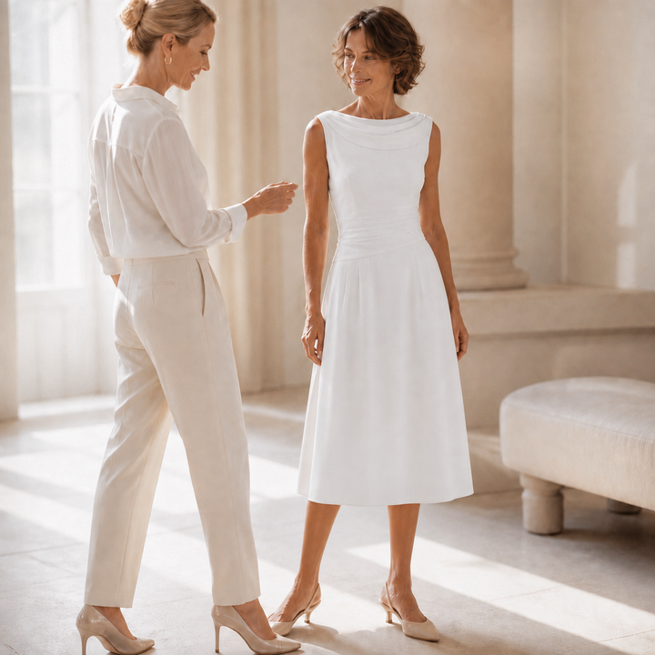 Draperie Draped-Neck Pleated A-Line Wedding Guest Dress - Elena Harper