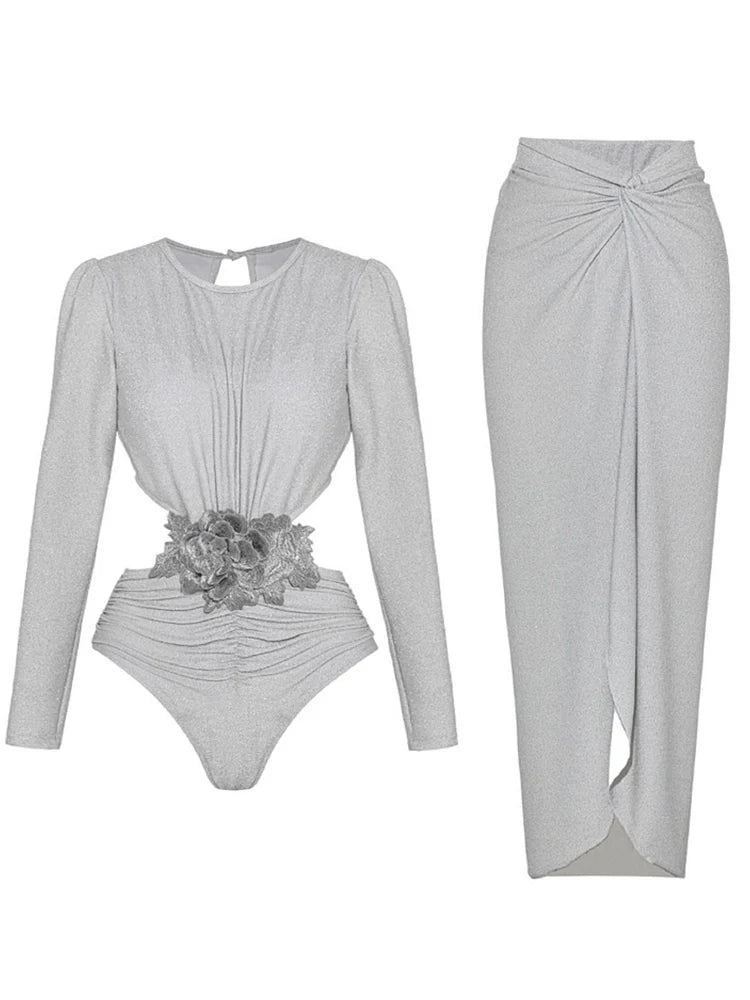 Silver Glossy Long Sleeve One-Piece Swimsuit - Elena Harper
