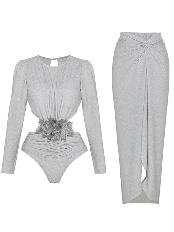 Silver Glossy Long Sleeve One-Piece Swimsuit - Elena Harper