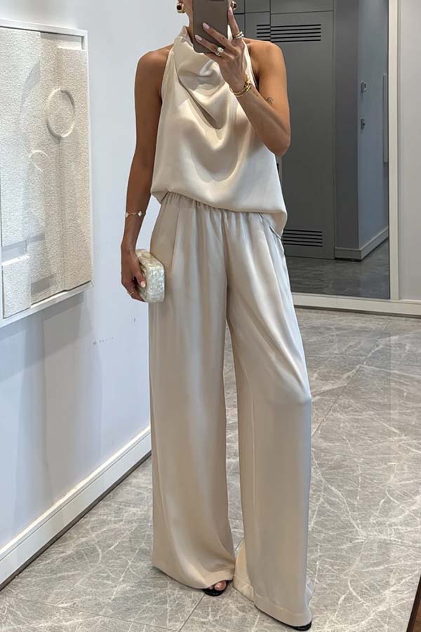 Classic on You Satin High Cowl Neck Top and Elastic Waist Pocket Loose Pants Set