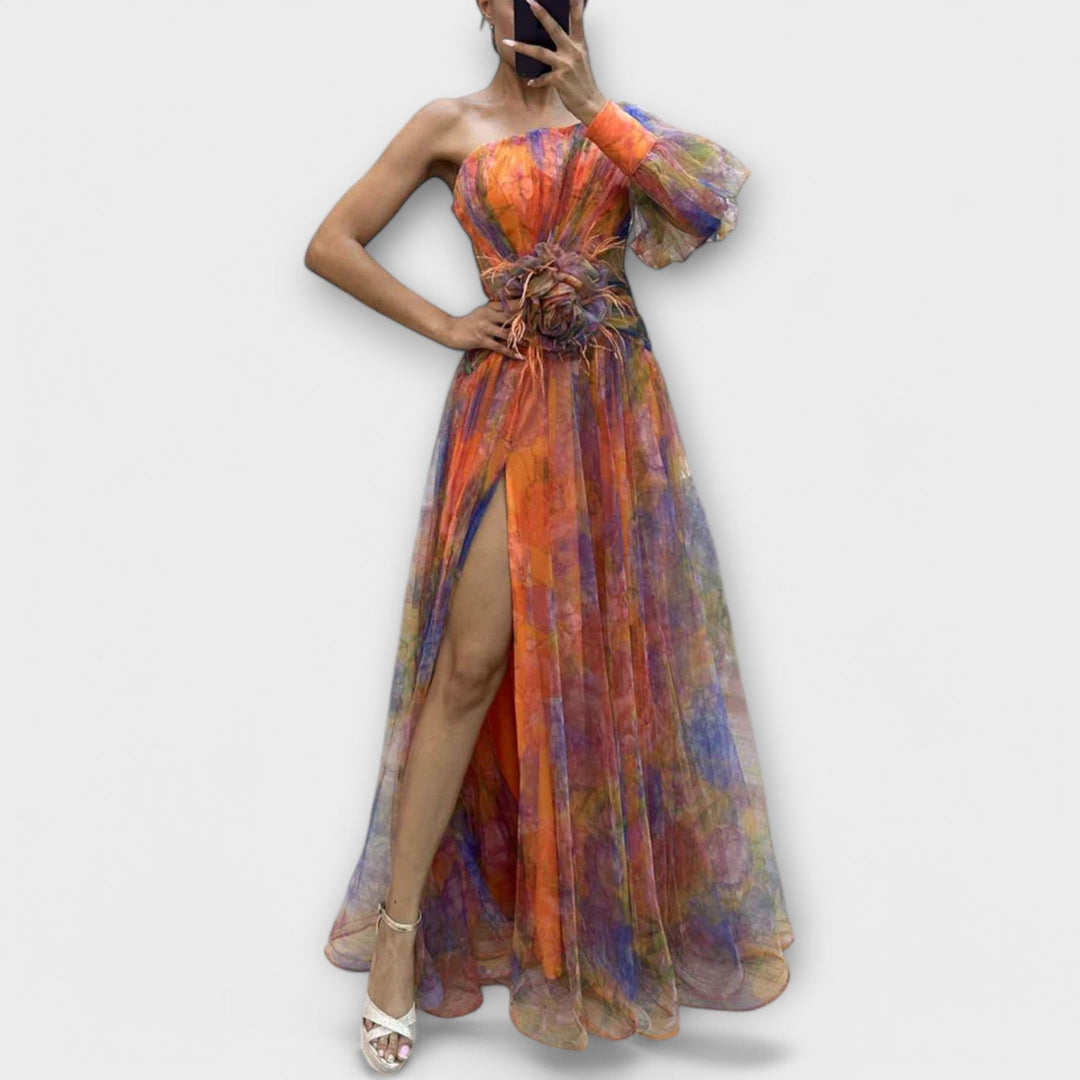 Elegant Evening Dress with One Shoulder and Slimming Waist - Elena Harper