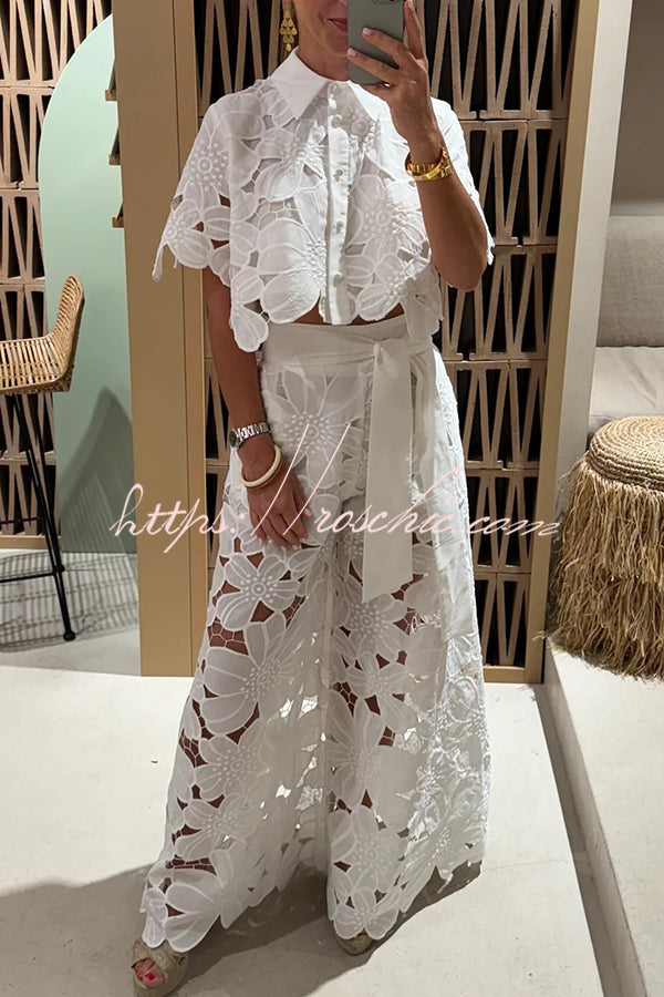 Redefining Elegance Floral Lace Cropped Shirt and Belt Pocketed Wide Leg Pants Set - Elena Harper