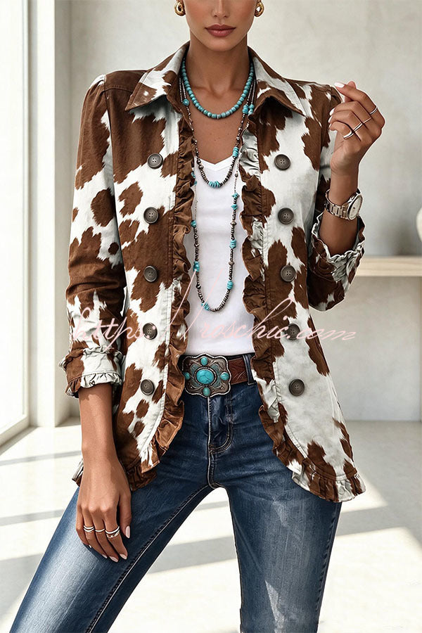 Stylish and Unique Printed Ruffle Trim Button-down Long Sleeve  Jacket